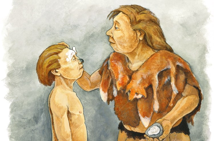 Illustration of a Neandertal woman wearing fox furs, using her fingers to apply white paint over the forehead of a Neanderthal youth.