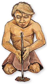 Illustration of a Neanderthal child starting a fire with a firestick